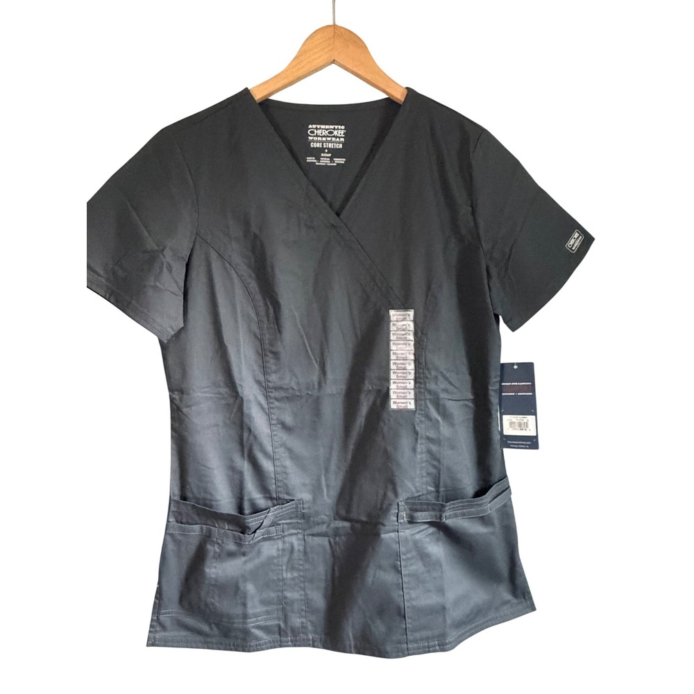 Cherokee Workwear Core Stretch Scrub Top Black V-Neck Mock Wrap 4727 S NWT